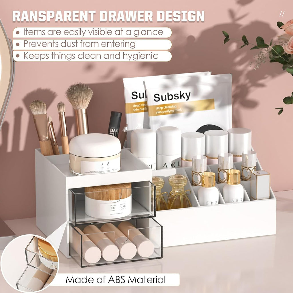 Makeup Organizer with Drawers, Easy Storage for Beauty Products Brushes, Multifunction Plastic Desk Organizer, Cosmetics Organizer for Countertop Dresser Vanity and Bathroom (White)