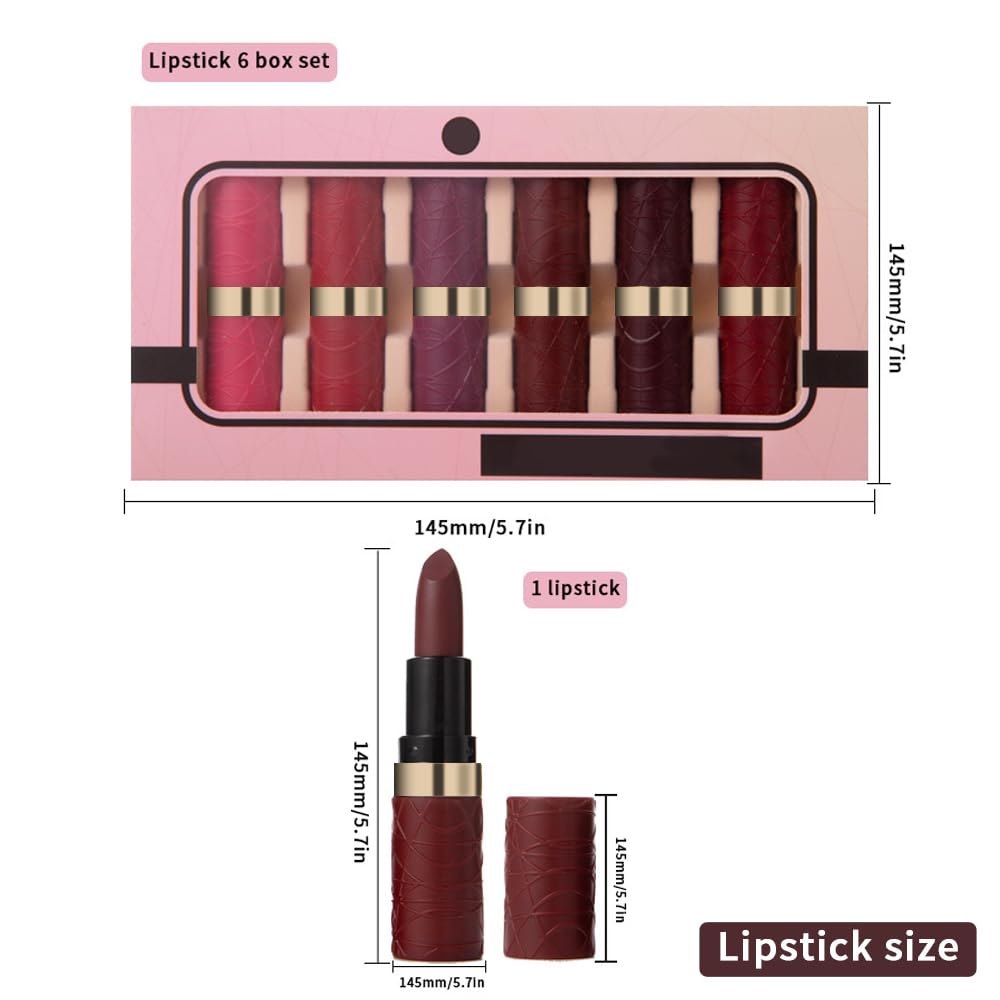 6Pcs Pink Dark Ruby Wine Red Plum Purple Matte Lipstick Sets for Women Velvet Lipstick Long Lasting Waterproof 24 Hours Lip Stick Stain Makeup Gift Set Labiales Mate 24 Horas Originales B