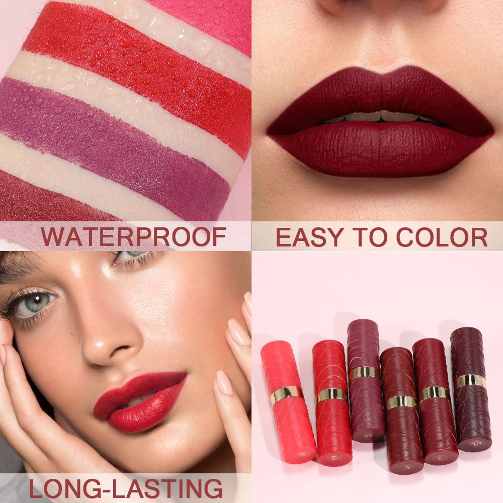 6Pcs Pink Dark Ruby Wine Red Plum Purple Matte Lipstick Sets for Women Velvet Lipstick Long Lasting Waterproof 24 Hours Lip Stick Stain Makeup Gift Set Labiales Mate 24 Horas Originales B