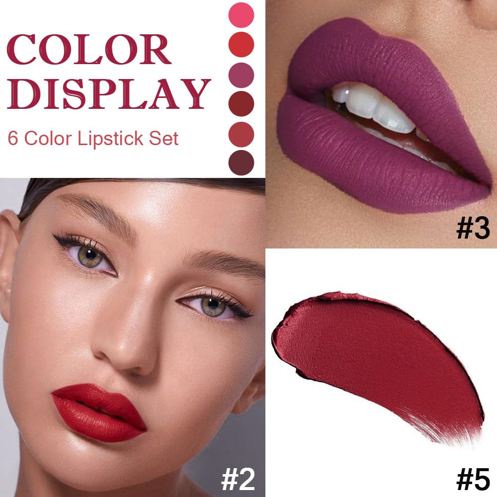 6Pcs Pink Dark Ruby Wine Red Plum Purple Matte Lipstick Sets for Women Velvet Lipstick Long Lasting Waterproof 24 Hours Lip Stick Stain Makeup Gift Set Labiales Mate 24 Horas Originales B