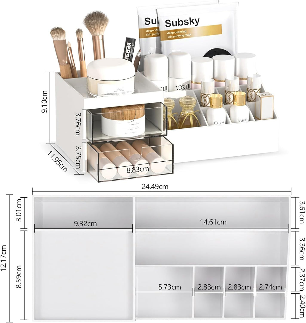 Makeup Organizer with Drawers, Easy Storage for Beauty Products Brushes, Multifunction Plastic Desk Organizer, Cosmetics Organizer for Countertop Dresser Vanity and Bathroom (White)