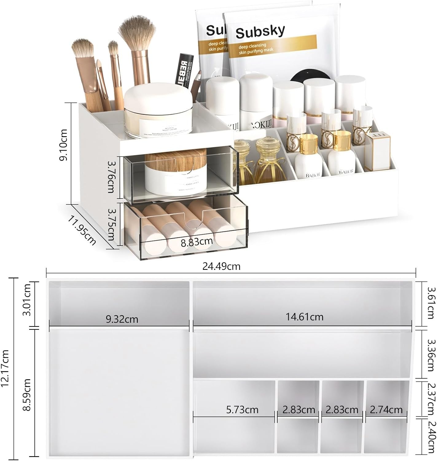 Makeup Organizer with Drawers, Easy Storage for Beauty Products Brushes, Multifunction Plastic Desk Organizer, Cosmetics Organizer for Countertop Dresser Vanity and Bathroom (White)