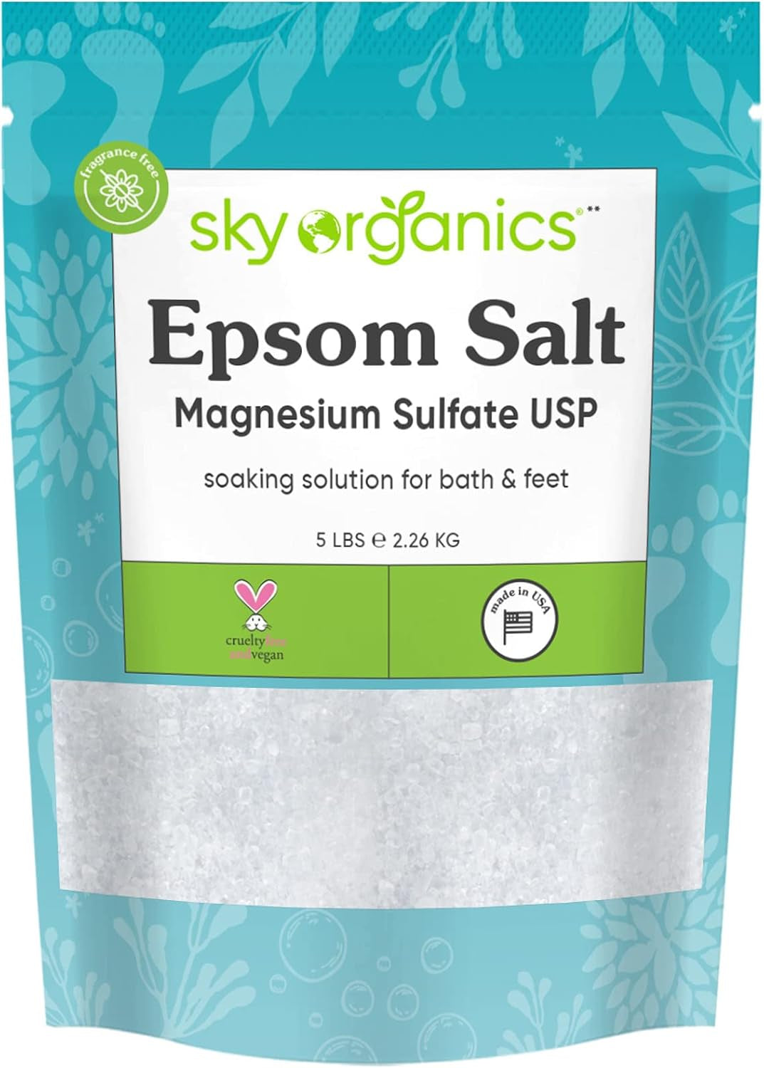 - Epsom Salt Bath Soak, 5 Lbs - Magnesium Sulfate USP - 100% Pure, Medium Grain - Unscented - Soaking Bath Salts - Resealable Bag - Natural, Vegan & Cruelty Free - Self Care - Bath & Feet