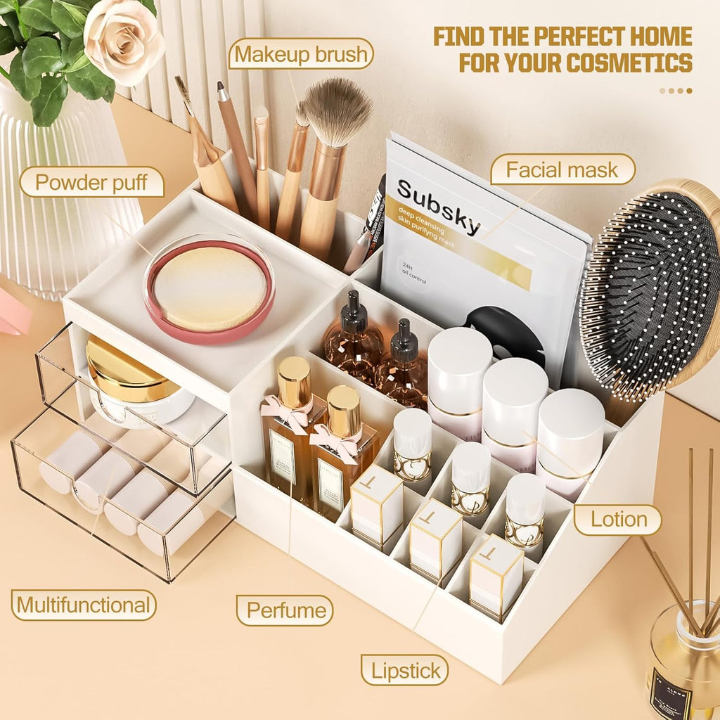 Makeup Organizer with Drawers, Easy Storage for Beauty Products Brushes, Multifunction Plastic Desk Organizer, Cosmetics Organizer for Countertop Dresser Vanity and Bathroom (White)