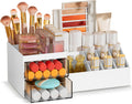 Makeup Organizer with Drawers, Easy Storage for Beauty Products Brushes, Multifunction Plastic Desk Organizer, Cosmetics Organizer for Countertop Dresser Vanity and Bathroom (White)